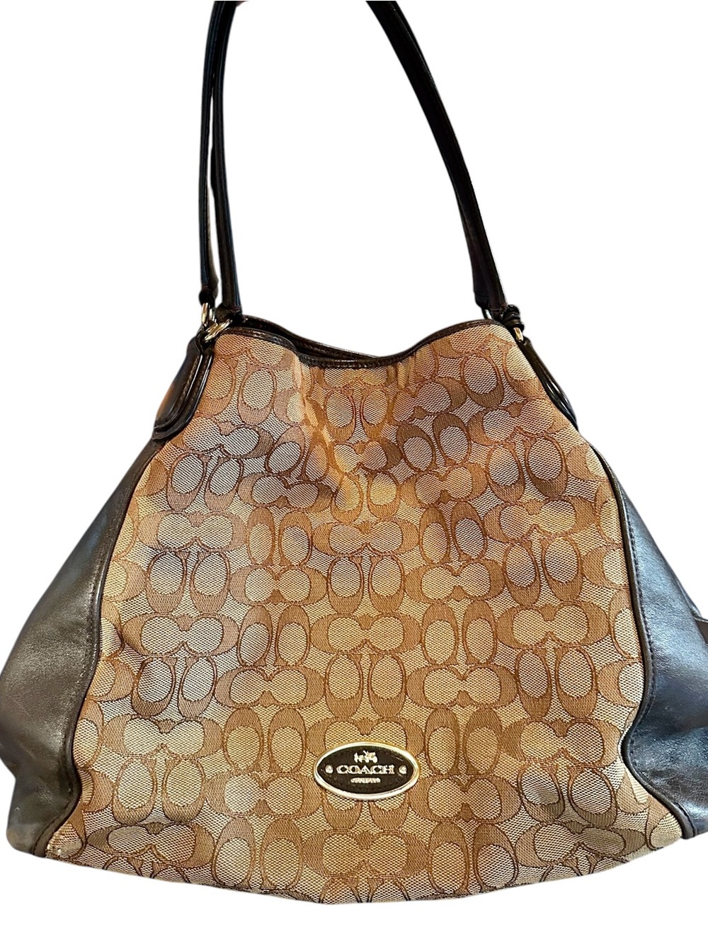 COACH Edie Jacquard Brown Shoulder Bag Khaki Leather Purse